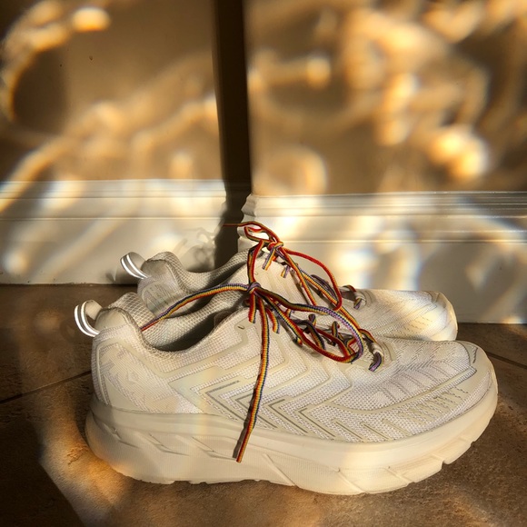hoka white shoes with rainbow laces